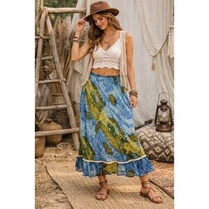 kar.a.van Women’s Maxi Skirt Size S Blue Green Abstract Festival Print Boho
